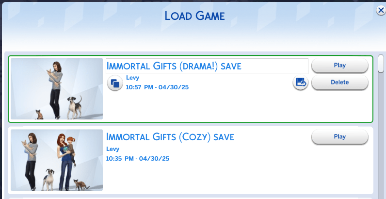 Sims 4 load game interface with my save files in it