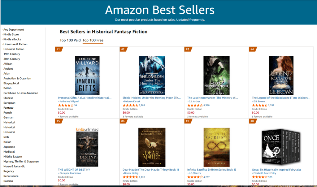 Screenshot of Best Sellers in Historical Fantasy Fiction in the US showing my book in the #1 spot. 