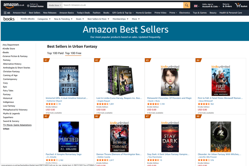 Screenshot of amazon.co.uk showing my book as the #1 bestseller in Urban Fantasy.